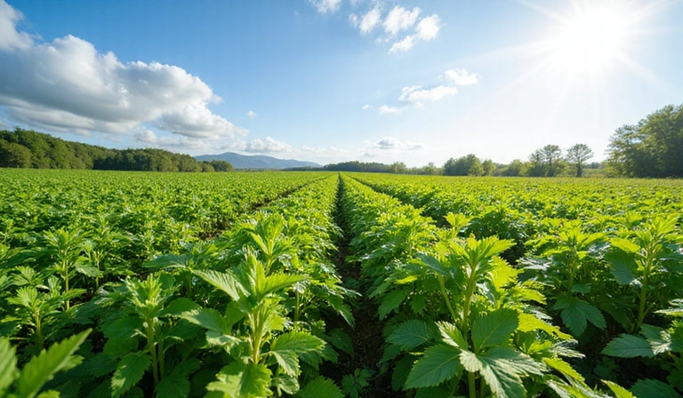 A vibrant, lush green field with various medicinal plants and herbs under a clear sky, symbolizing sustainable sourcing and natural growth.