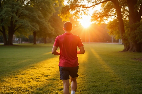 A man jogging in a park, symbolizing men's wellness and fitness.