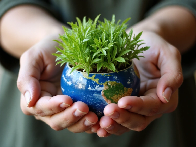 Hands holding earth with lush greens