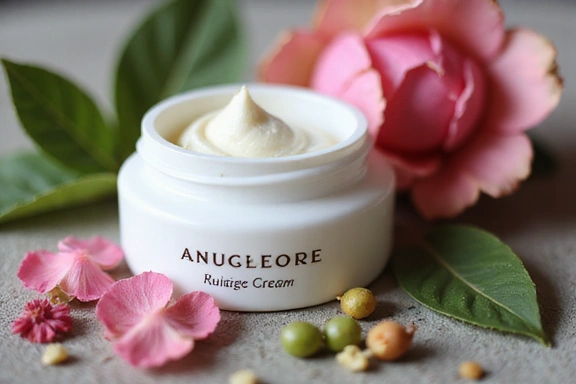 Close-up of a natural anti-aging cream jar with botanical ingredients